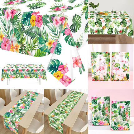 Summer Hawaiian Floral Plastic Tablecloth Flamingo Table Runner Candy Bags For Tropical Hawaiian Birthday Party Decorations