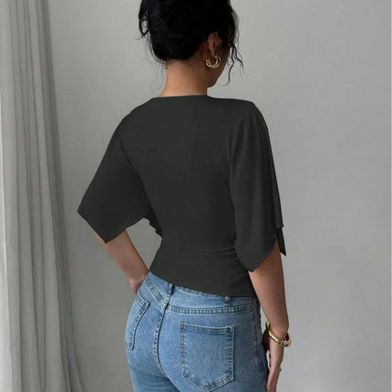 Elegant V-neck versatile trend big sleeve women's T-shirt two-piece set