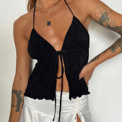 Women's Halterneck Crop Tops Summer Solid Color Bandage Open Front Backless Sleeveless Green Tops Y2K Streetwear
