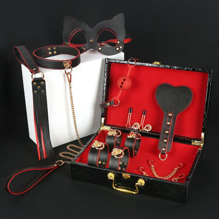 Slave Roleplay Set Leather Handcuffs Ankle Cuffs Ball Gag Mask Whip Collar Leash Sex Toys for Women Couples BDSM Bondage Kit
