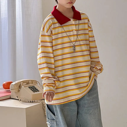 2026 New Kids Stripe Polo Shirt Spring 1-12Y Boys Cotton Soft Orange Color Blocking Casual Long Sleeve Top Children Clothes