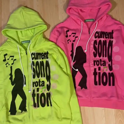 Women Sexy Pattern Print Zip Up Hoodies Women Long Sleeve Tops Loose Hood Shirt Harajuku Y2K Clothes Female Sweatshirt Jacket