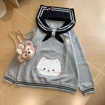 2025 Women's Clothing Japanese Sweatshirts Cute Cat Sailor Collar Loose Hoodies Cotton Thicked Fashion Casual Hoodie Ropa Mujer