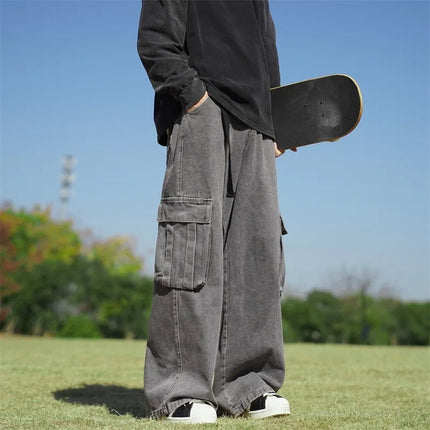 Solid Hip Hop Harajuku jeans Vintage pantalon large homme Pockets Wide Leg Baggy Jeans Men Streetwear Straight Denim Cargo Pants
