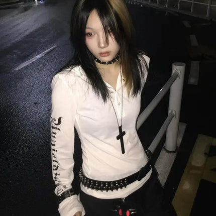 Seeslim Hooded Print Letter Graphic T Shirts Woman Clothes Youthful Long Sleeve 2000s Clothes Y2k Tees Female Clothing Autumn