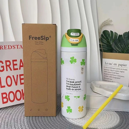 New Iced Bottle Water Bottle Stainless Steel Thermos Cup Cold Straw Iced Coffee Mug Sports Kidsren's Water Cup 24Oz