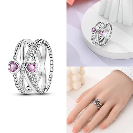 Original Romantic Heart-shaped White Zircon Shell Bowknot Rings 925 Sterling Silver  Women Jewelry Valentine's Day Birthday Gift