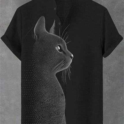 Men's blue and white color-blocked short-sleeved shirt with black cat print, collared casual outdoor vacation Hawaiian shirt.