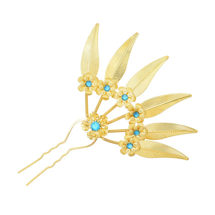 New Golden Alloy Leaf Crystal Flower Hairpin Hair Accessories for Women Thailand Ethnic Dance Party Decoration Headwear Jewelry