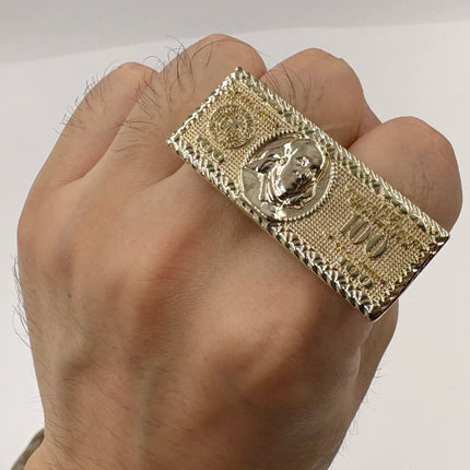 100 Dollar Bill Design 2 Finger Ring Heavy Rough Hip Hop Style 14K Gold Plated Big Size Men's Party Gift US Dollar Theme