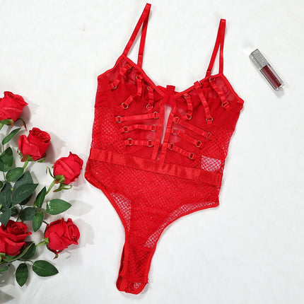 2024 New Design Sense Sexy Low Collar Hollowed Out Mesh Bodysuits Women's Cinching Waist Slim Spicy Girl Bodysuits L8GF