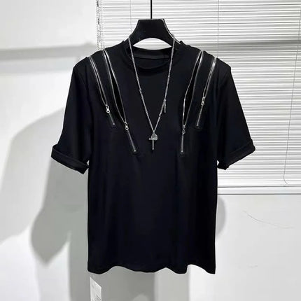 Summer New Techwear Mens Personalized Multi Zip Up Design Casual T-shirt Y2K Fashion Men Short Sleeve Black T Shirts Male Tops