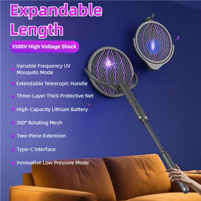 TINSOL Retractable Electric Mosquito Racket Rotating Head Insect Killer 2-in-1 Indoor/Outdoor Household Mosquito Eliminator