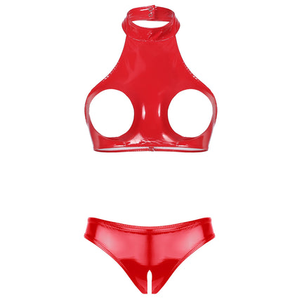 Underwear Set 2 Piece Sexy Women Hollow Crotch Open Bust Latex Leather Bra And Thong Exotic Adult Club Clothing Lingerie Outfits