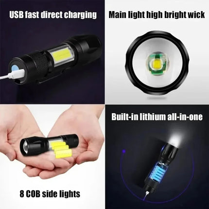 COB+XPE Mini LED Camping Flashlight Portable USB Rechargeable Torch Outdoor Zoomable Light Tactical Lantern Lamp with Pen Clip
