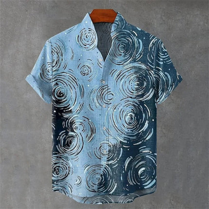 Men's Fashionable Stand up Collar Whale Pattern Retro Short Sleeve Button up Shirt High-Quality Streetwear New 2025