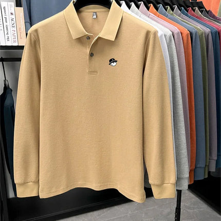 Men's Long-Sleeve Golf Polo Shirt, Branded Print, Spring, 100% Cotton, Comfortable, Breathable, Fashionable, Casual, High-End T-shirt