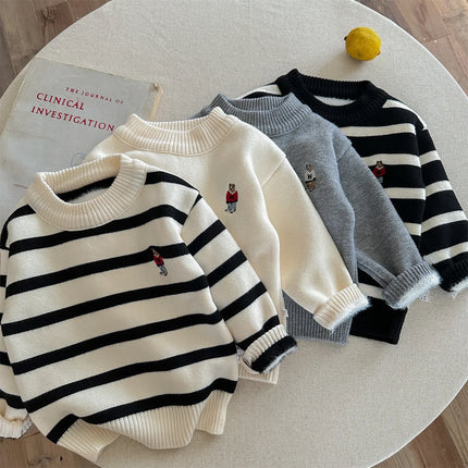 2025 Winter Girls Boys Casual Cute Embroidery Bear Thick Warm Fleece Knitting Sweaters Four Colors