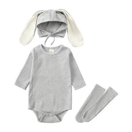 2026 Newborn Baby Rabbit Romper Clothes 3 Pcs Solid Ear Hat Bodysuit Socks Casual Bunny Costume 0-24M Boy Girl Outfits