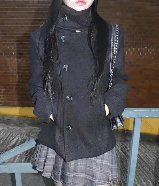 Y2K Vintage British Style Aesthetic Harajuku Punk Solid Color Button Women's Coat Streetwear Casual Fashionable Hip-hop Coats