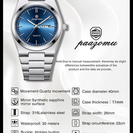 PAAZOMU Luxury Quartz Men's Wristwatch Sport Men Watches Waterproof Luminous Date Week Stainless Steel Men's Watch Male Reloj+box