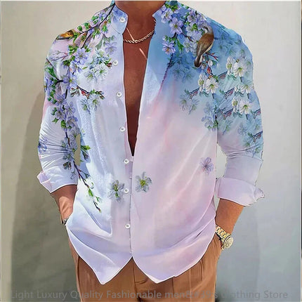 New men's shirt long-sleeved shirt 3D printing flower pattern long-sleeved standing clothing fashion casual XS-6XL soft fabric