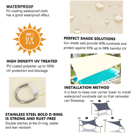 Shade Sail, Waterproof Garden Shelter 95% UV Blocking Sun Protection Awning, Canopy for Patio Garden Yard Backyard Camping Pool