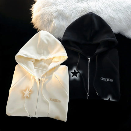 New Retro Graffiti Star Print Hooded Zipper Coat Collection Spring And Autumn Casual Fashion Trends Versatile Lazy Wind