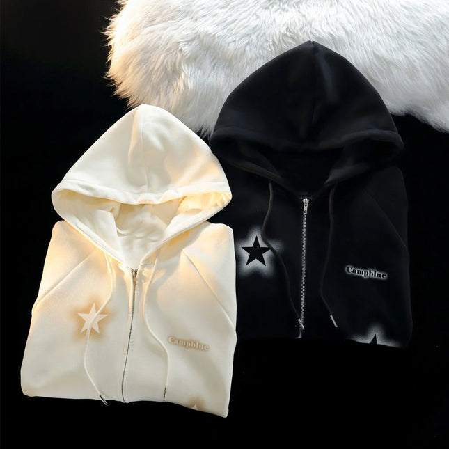 New Retro Graffiti Star Print Hooded Zipper Coat Collection Spring And Autumn Casual Fashion Trends Versatile Lazy Wind
