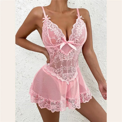 Sexy Sleepwear Deep-V Night Dress Women Nightgown Lace See-Through Nightie Lingerie Sleeveless Mini Dress Exotic Nightdress