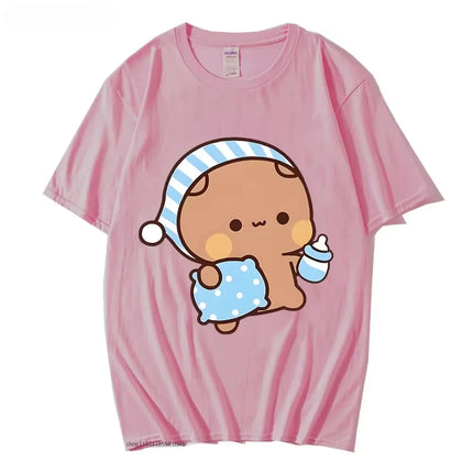 Couple T-shirt Cute BuBu Panda Going to Sleep with DuDu Bear Graphic T-shirt Women Clothes Sleeve Tops Women's Clothing