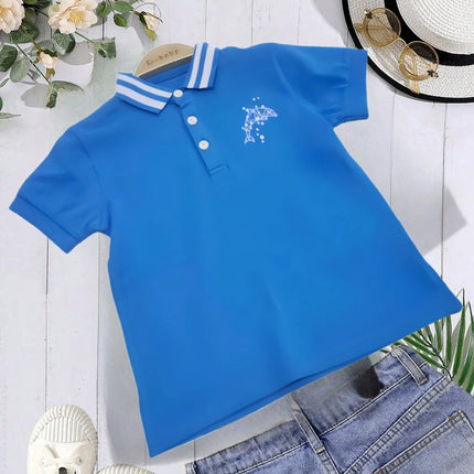 Summer boys style embroidery color contrast lapel single breasted blue short sleeve T-shirt breathable comfortable POLO shirt to
