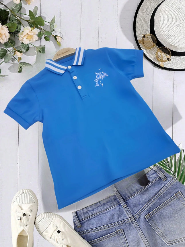 Summer boys style embroidery color contrast lapel single breasted blue short sleeve T-shirt breathable comfortable POLO shirt to