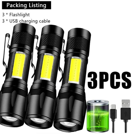 3 PCS Mini LED COB Flashlight Portable Rechargeable Torch with Pen Clip Zoomable Waterproof Light Tactical Lamp Camping Lantern
