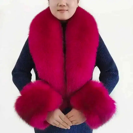 Winter Natural Fox Fur Scarf And Cuff Set Women Jacket Fur Collar Authentic Neck Warm Scarves Luxury Fluffy Fox Fur Shawl
