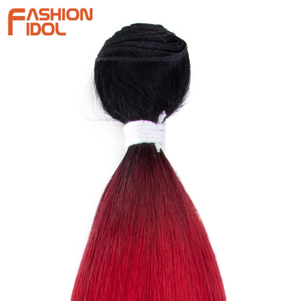FASHION IDOL Synthetic Hair Bundles 30 inch Salon Yaki Straight Hair Ombre Red High Temperature Fiber Ponytail Hair Extensions