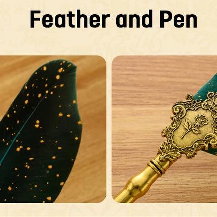 Luxury Fountain Pen Set, Retro Sprinkling Feather Pens Calligraphy Writing Dip Kit with Wax Seal Stamp & Replace Nibs, Gift Box