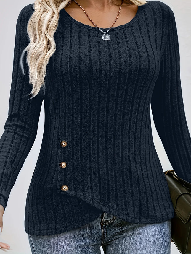 Plus Size Women's Long Sleeve Ribbed Knit Button Detail Top Elegant Casual Comfort Perfect for Any Occasion