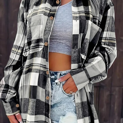 Women Plus Size Fashion Plaid Printed Shirt Casual Loose Long Sleeved Shirt  Lapel Design Shirt Tops
