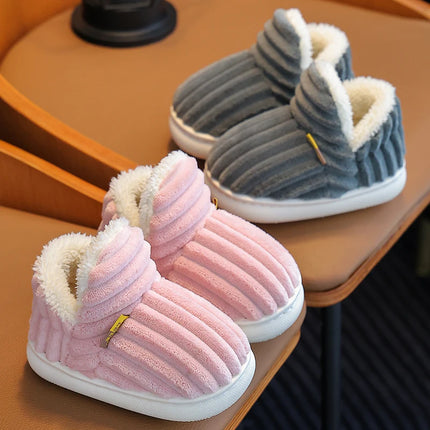 New Winter Simplicity Stripe Plush Slippers Children's Non-slip Soft Sole Kids Boys Girls Heel Wrap Warm High Home Cotton Shoes
