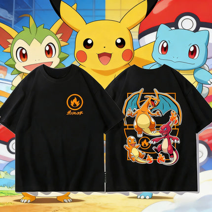 2026 Summer Pokemon Charizard Evolution Double Sided Print T-Shirt 100% Cotton Oversized Couple & Family Tee for Travel & Sports