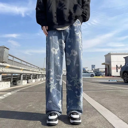 Spring Printed Jeans Korean Style Men's Floral Denim Pants High Street Loose Straight Trousers for Couples Baggy Hosen Herren