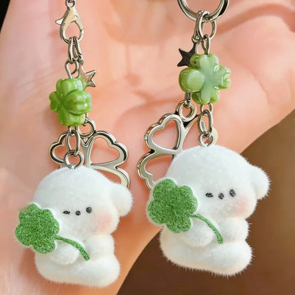 1/2pcs Cute Clover Hug Dog Pendant Keychain Lanyard Flocking Puppy Mobile Phone Straps Pendant Keyring Schoolbag Decorative