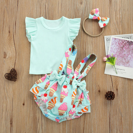 2Pcs Baby Girls Summer Outfits Fly Sleeve Rib Knit Tops Bow Suspender Skirt Set