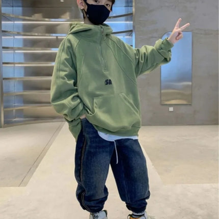 2025 New Boys' Mid-Large Spring-Autumn & Autumn-Winter Fleece-Lined Thickened Hooded Hoodie - Trendy Streetwear Boys' Top