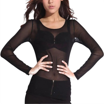 Sexy Women T Shirt See Through Mesh Tops Transparent Sheer Slim Ladies Tee Tops Sunscreen Tops Long Sleeve Bottoming Shirts