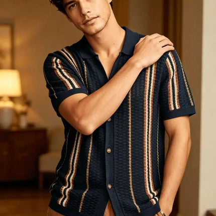Men's Vintage Striped Knit Polo Shirt, Casual Summer Short Sleeve Top for Daily Wear & Weekend Outings