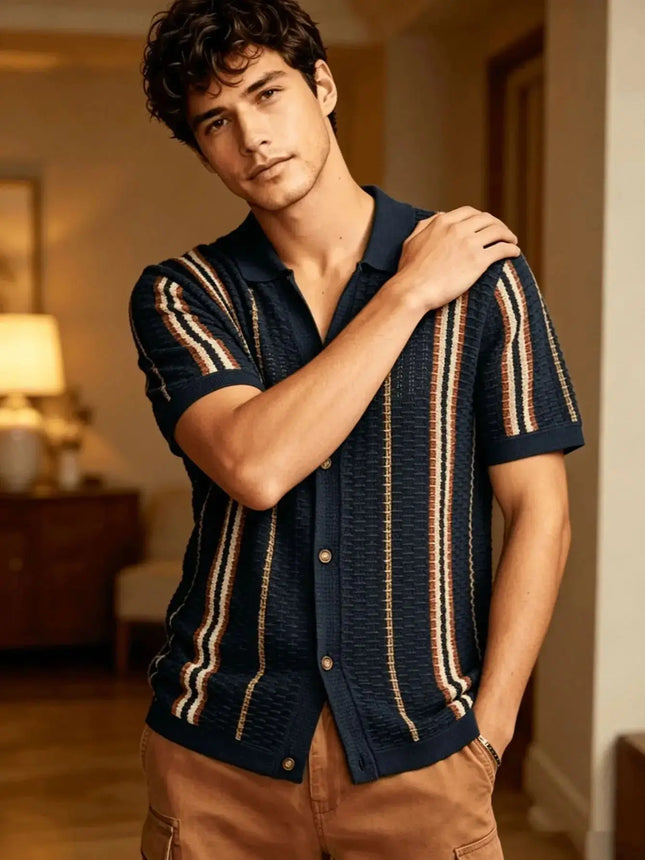 Men's Vintage Striped Knit Polo Shirt, Casual Summer Short Sleeve Top for Daily Wear & Weekend Outings