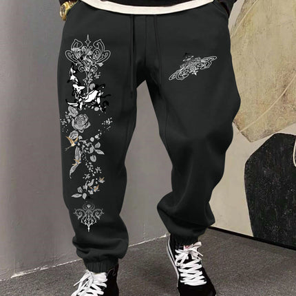 Men's Gothic Vintage Deer Rose Scroll Floral Print Sweatpants Elastic Waist Soft Dark Punk Street Hip Hop Joggers