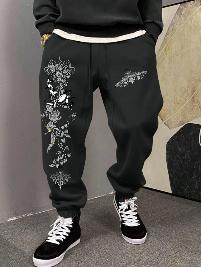 Men's Gothic Vintage Deer Rose Scroll Floral Print Sweatpants Elastic Waist Soft Dark Punk Street Hip Hop Joggers